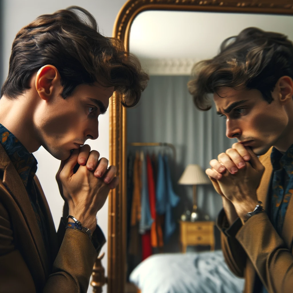 DALL·E 2024 01 04 06.32.43 An image showing a person grappling with gender dysphoria, standing before a mirror. Their expression is one of deep contemplation and conflict, refle