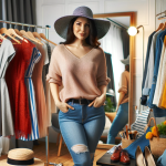 DALL&middot;E 2024 01 07 16.04.04 A woman trying on a variety of clothing and accessories in a dressing room. She is experimenting with different styles including dresses, shoes, and h