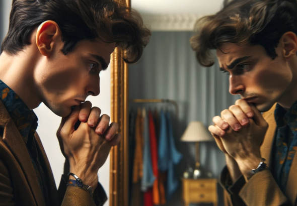 DALL·E 2024 01 04 06.32.43 An image showing a person grappling with gender dysphoria, standing before a mirror. Their expression is one of deep contemplation and conflict, refle