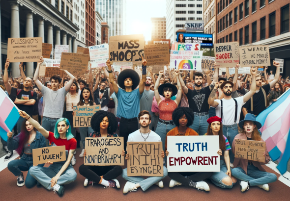DALL·E 2024 01 06 14.10.47 A diverse group of transgender and nonbinary individuals participating in a peaceful protest. They are holding signs and banners advocating for truth
