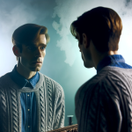 DALL·E 2024 01 06 16.41.09 A trans woman gazing into a mirror with a pained expression. She is wearing clothing that doesn't align with her female gender identity, creating a se