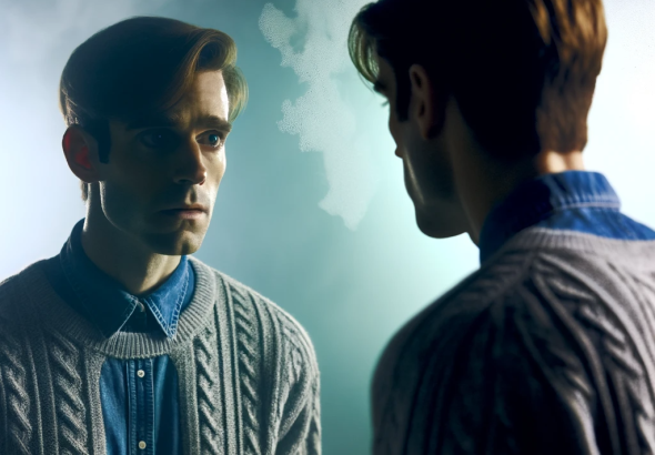 DALL·E 2024 01 06 16.41.09 A trans woman gazing into a mirror with a pained expression. She is wearing clothing that doesn't align with her female gender identity, creating a se