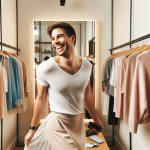 DALL·E 2024 01 07 11.16.56 A joyful trans man in a bright, spacious fitting room, trying on women's clothing with confidence. He is selecting clothes that resonate with his pers