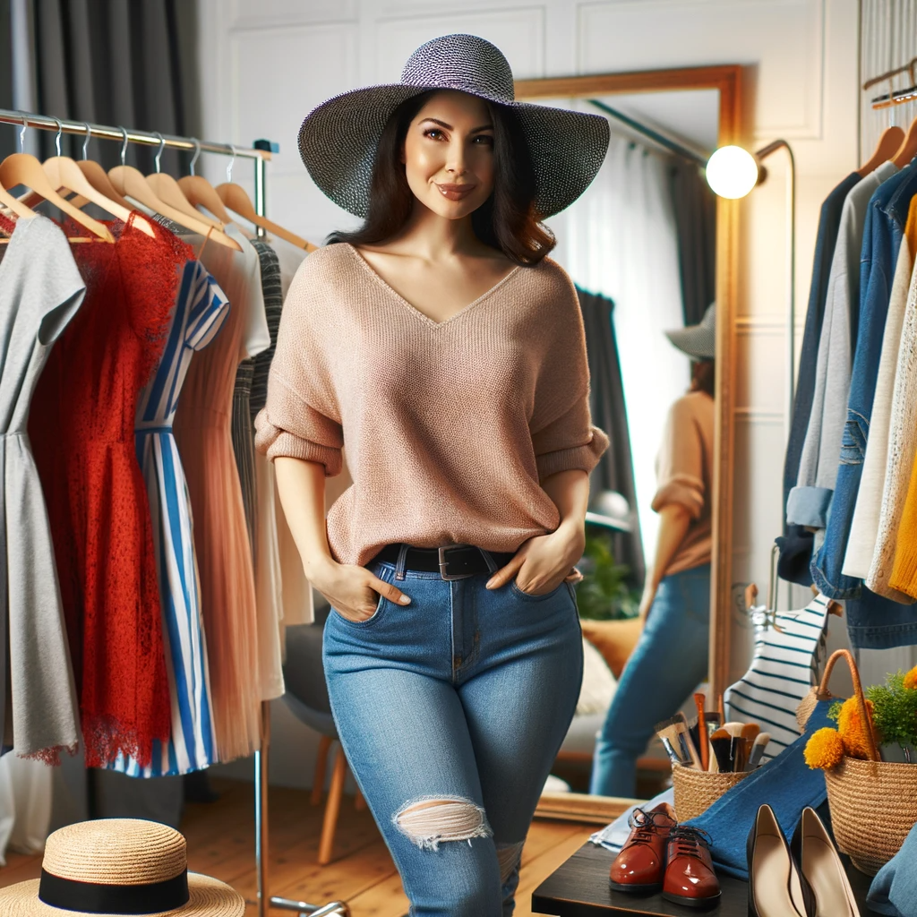 DALL·E 2024 01 07 16.04.04 A woman trying on a variety of clothing and accessories in a dressing room. She is experimenting with different styles including dresses, shoes, and h