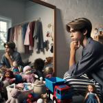 DALL·E 2024 01 08 09.25.28 Create an image of a young person looking in a mirror with a pensive expression, surrounded by various gendered clothing and toys, symbolizing the com