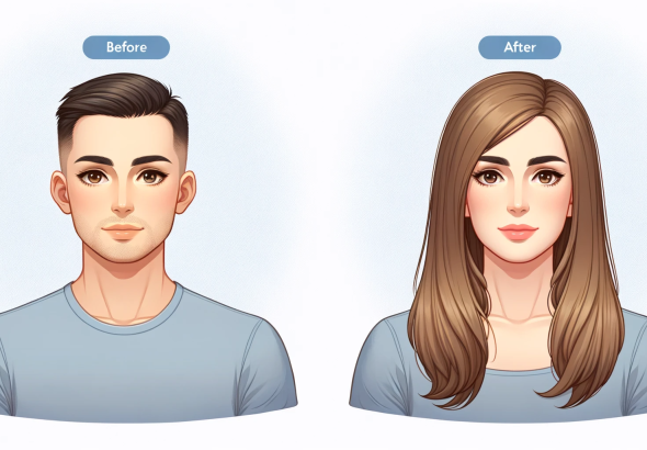 DALL·E 2024 01 10 05.02.01 A before and after transformation image. On the left, 'before', depicts a person presenting as male, with masculine features, short hair, and a neutra