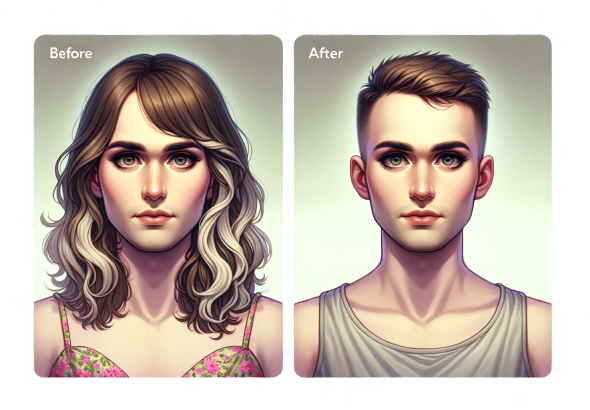 DALL·E 2024 01 10 06.22.46 A before and after transformation image. The 'before' side shows a person presenting as female, characterized by longer hair, softer facial features,