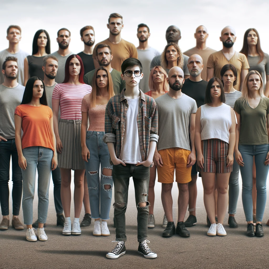 DALL·E 2024 01 10 11.57.33 A diverse group of people standing together in unity, with one person visibly excluded and standing apart. This isolated individual, a transgender per