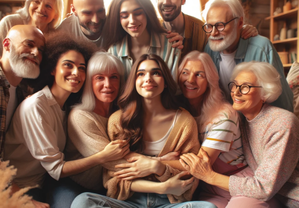DALL·E 2024 01 11 13.10.49 An image of a transgender woman surrounded by supportive friends and family. The scene is filled with warmth and inclusivity, with everyone embracing