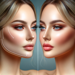 DALL·E 2024 01 11 17.45.18 An image showcasing a woman's face with before and after side by side views. The left side of the image displays the 'before' view, showing the origin