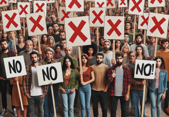 DALL·E 2024 01 12 09.58.27 An image of a group of people holding signs, each marked with a bold red X . The group is diverse, representing a range of ages, ethnicities, and bac