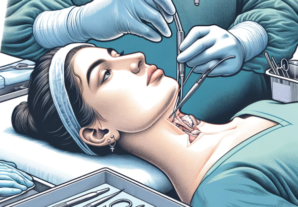 DALL·E 2024 01 12 12.07.20 A detailed illustration of a trans woman undergoing a tracheal shave procedure. Emphasize the precision and care involved in the surgery, showcasing a