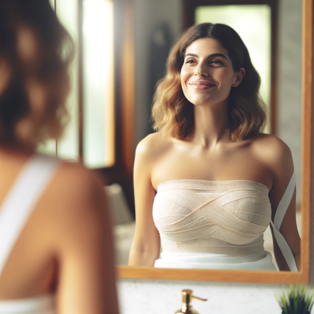 DALL·E 2024 01 12 15.14.31 Create an image of a woman with a bandage around her chest, standing in front of a mirror with a satisfied expression. The scene captures the moment s
