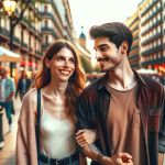 DALL·E 2024 01 13 12.31.55 A couple walking hand in hand down a bustling city street. The woman, a transwoman, is smiling radiantly. The man, her boyfriend, looks at her with a