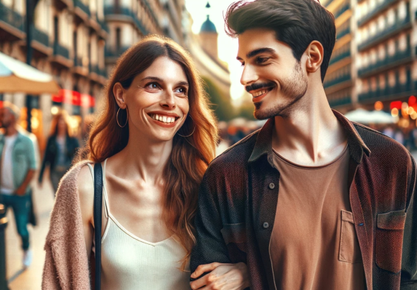 DALL·E 2024 01 13 12.31.55 A couple walking hand in hand down a bustling city street. The woman, a transwoman, is smiling radiantly. The man, her boyfriend, looks at her with a
