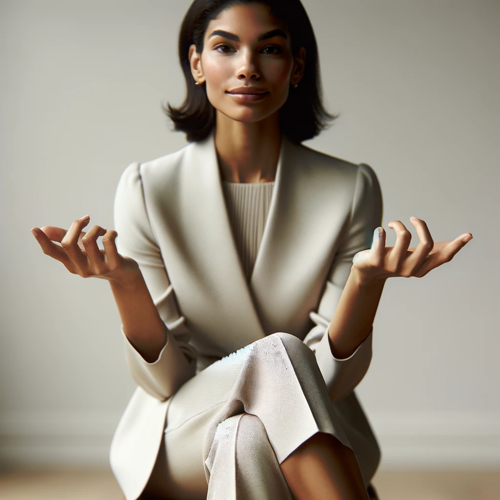 DALL·E 2024 02 10 12.19.13 A woman sits with her legs crossed in an elegant posture, her hands gesturing gracefully. She embodies confidence and poise, with a facial expression