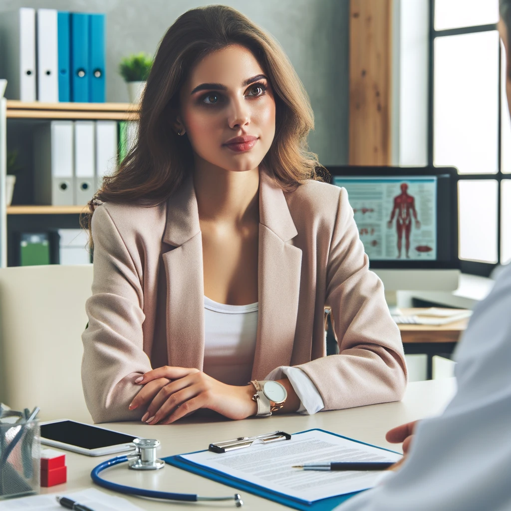 DALL·E 2024 02 25 09.05.13 Create an image of a woman in a doctor's office talking to a doctor. The setting is professional, with medical equipment and charts in the background,