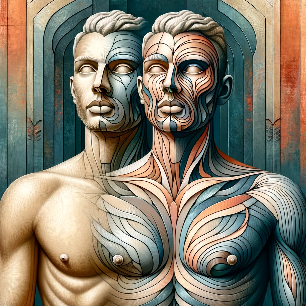 DALL·E 2024 02 05 09.14.50 Create an abstract image symbolizing the transformative journey of FtM gender affirming surgeries, focusing on the emergence of masculine features. Vi