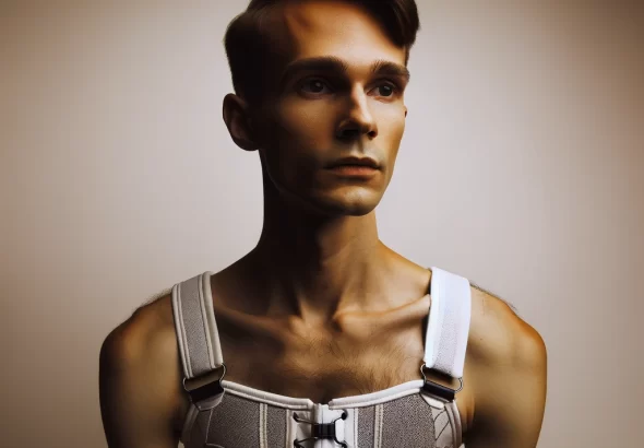 DALL·E 2024 02 07 07.19.29 Create a thoughtful and respectful image depicting the experience of a trans man wearing a chest binder. The image should subtly convey both the physi