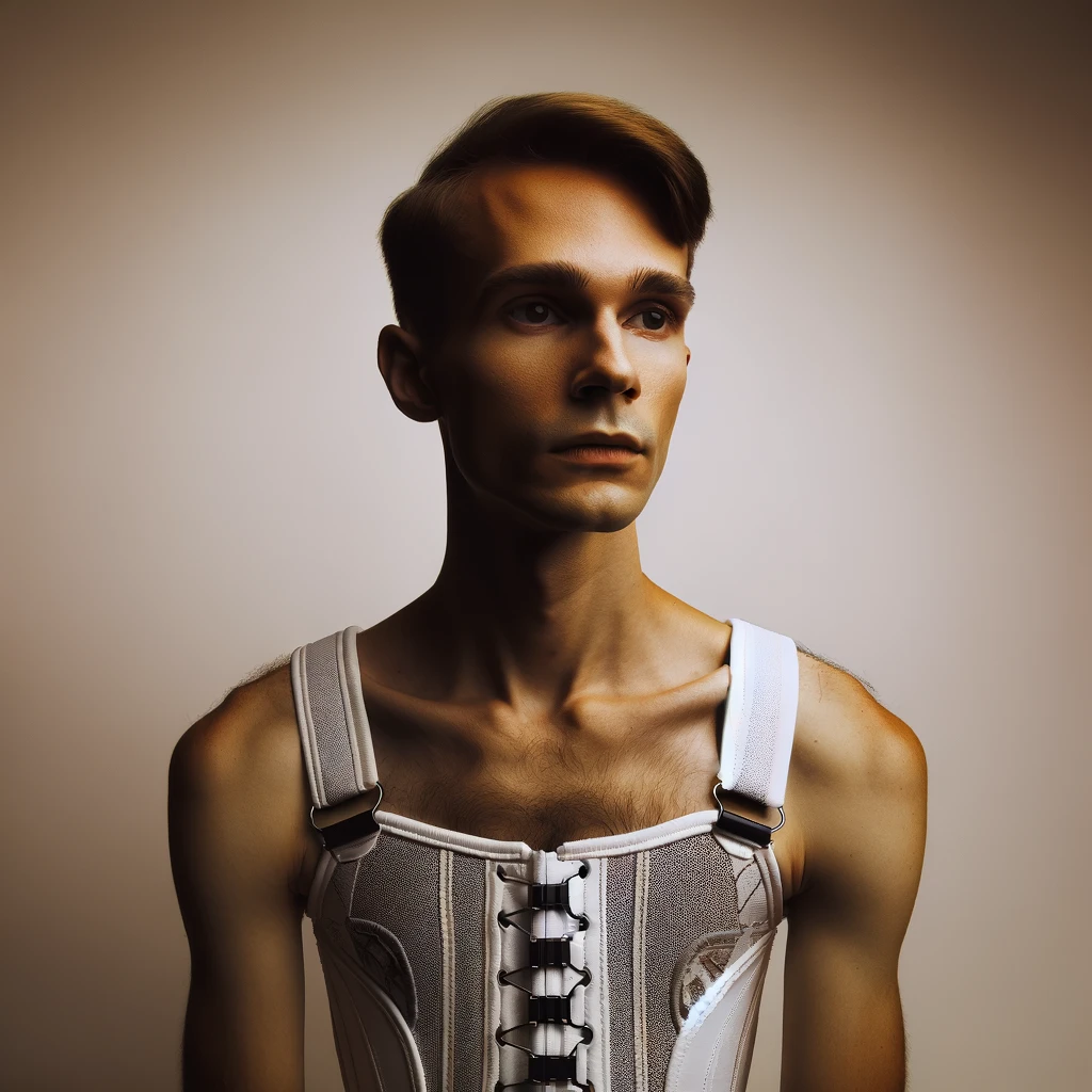 DALL·E 2024 02 07 07.19.29 Create a thoughtful and respectful image depicting the experience of a trans man wearing a chest binder. The image should subtly convey both the physi