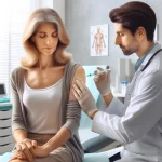 DALL·E 2024 02 16 10.13.02 An image of a middle aged transgender woman sitting in a doctor's office, receiving a hormone therapy injection. The transgender woman appears calm an