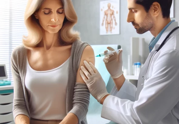 DALL·E 2024 02 16 10.13.02 An image of a middle aged transgender woman sitting in a doctor's office, receiving a hormone therapy injection. The transgender woman appears calm an