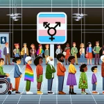 DALL·E 2024 02 17 01.50.04 Create an image of a gender neutral bathroom sign, depicted with a diverse group of cartoon style people waiting in line to enter. The group includes
