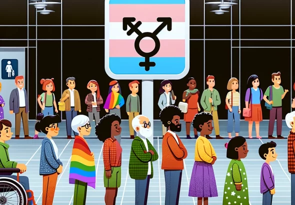 DALL·E 2024 02 17 01.50.04 Create an image of a gender neutral bathroom sign, depicted with a diverse group of cartoon style people waiting in line to enter. The group includes