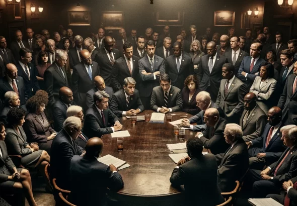 DALL·E 2024 02 19 16.40.52 In a dimly lit room, a diverse group of legislators from Michigan and Ohio are gathered around an old, wooden table. The room is filled with a tense a