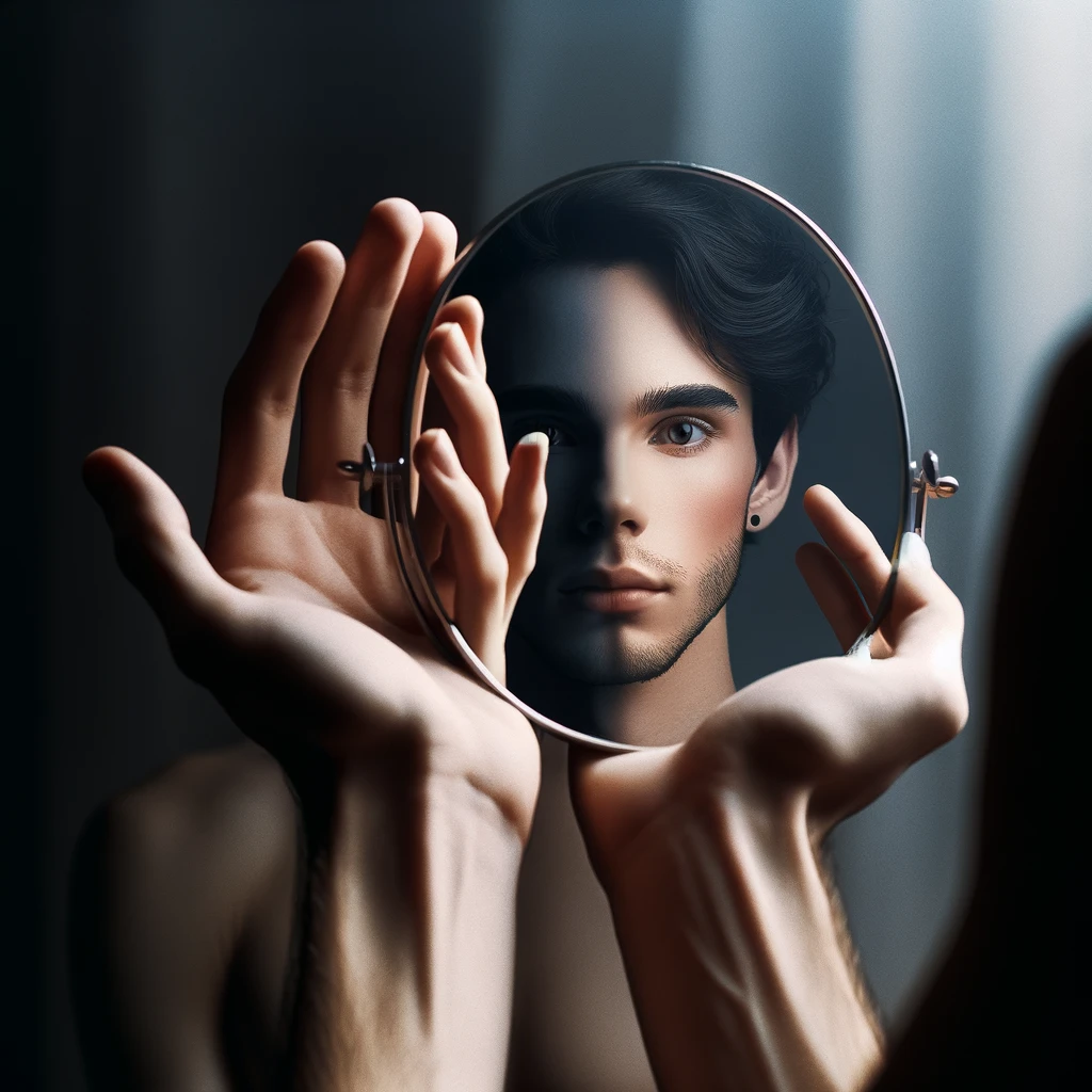DALL·E 2024 02 23 09.27.25 Create an image of a person holding a mirror, with their reflection showing a transition from one gender to another. Use soft lighting and subtle deta