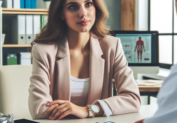 DALL·E 2024 02 25 09.05.13 Create an image of a woman in a doctor's office talking to a doctor. The setting is professional, with medical equipment and charts in the background,