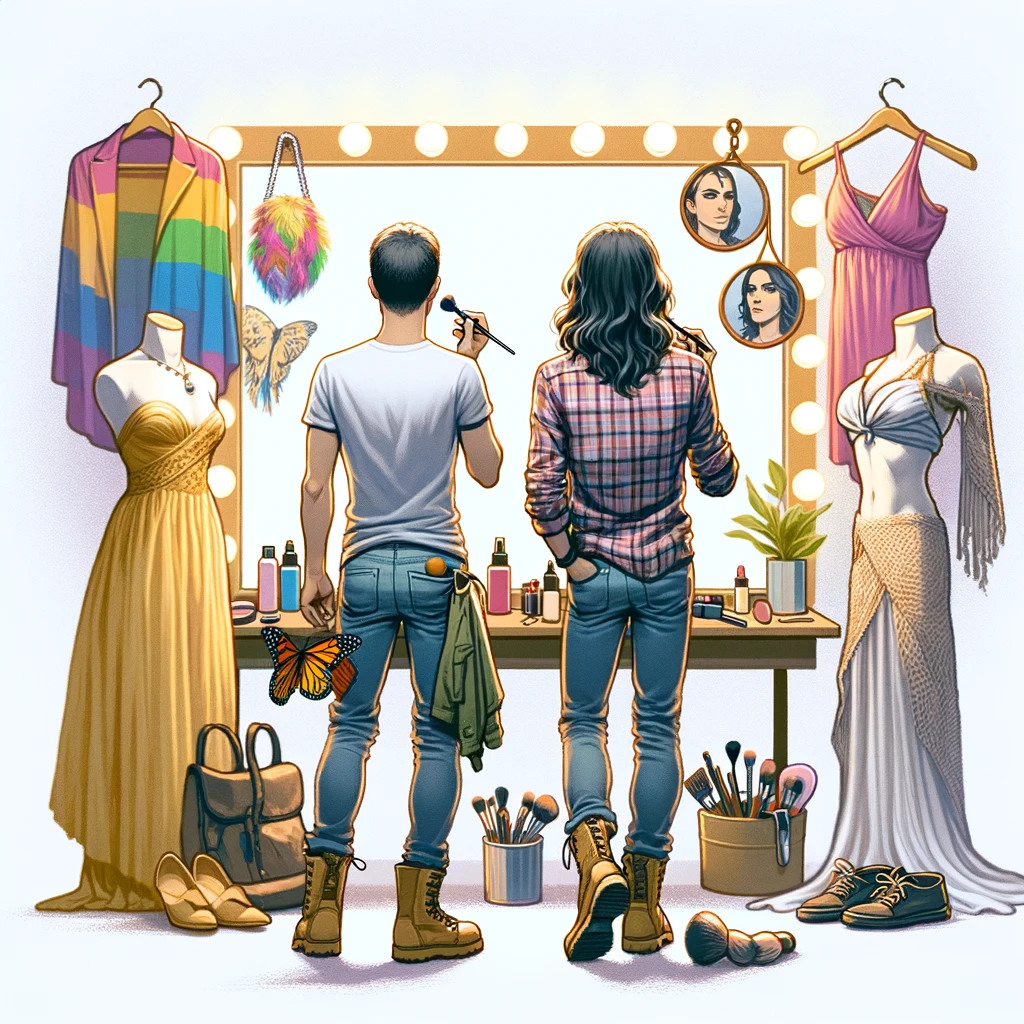 DALL·E 2024 03 09 06.18.34 Create an image of a person standing in front of a mirror. The person is experimenting with various clothing items, makeup, and hairstyles that repres