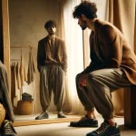 DALL&middot;E 2024 03 17 12.52.51 Create an image of a person looking in the mirror, wearing a mix of traditionally masculine and feminine clothing, with a contemplative expression on
