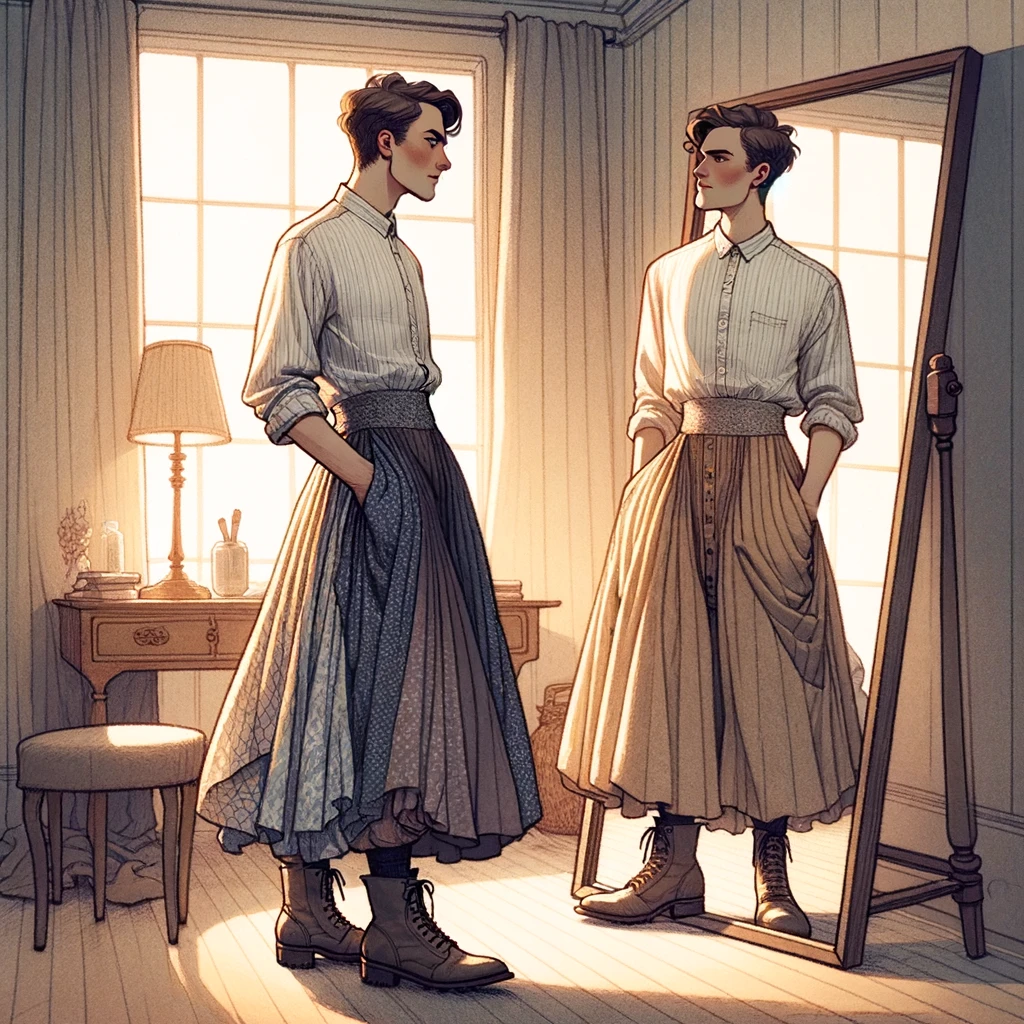 DALL·E 2024 03 18 09.09.46 An illustration of a person standing in front of a mirror, wearing a mix of traditionally masculine and traditionally feminine clothing, with a though