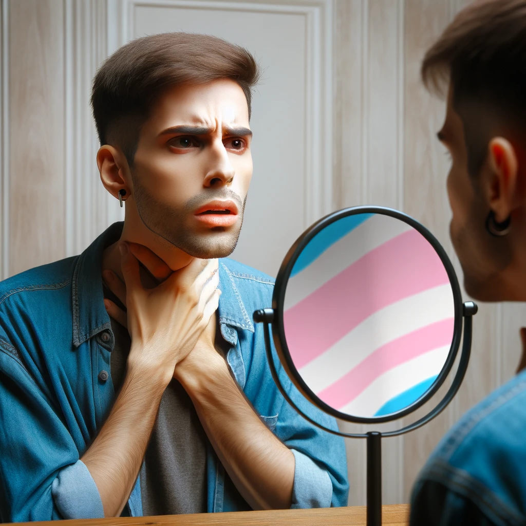 DALL·E 2024 03 21 08.57.04 Create an image of a person sitting in front of a mirror, holding their throat with a pained expression. The mirror reflects their trans identity as t