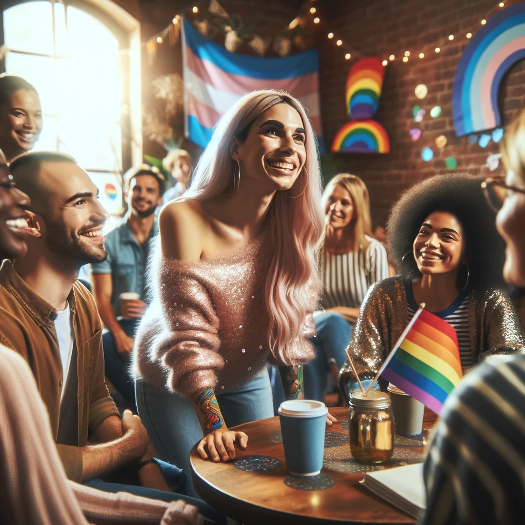 DALL·E 2024 03 27 15.11.37 A diverse and welcoming scene at an LGBTQ+ community event, with people of various backgrounds and identities engaged in lively discussions. The compo