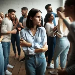 DALL·E 2024 03 05 11.54.15 Create an image of a woman surrounded by a large group of people, but she appears isolated and uncomfortable. Her body language should convey feelings