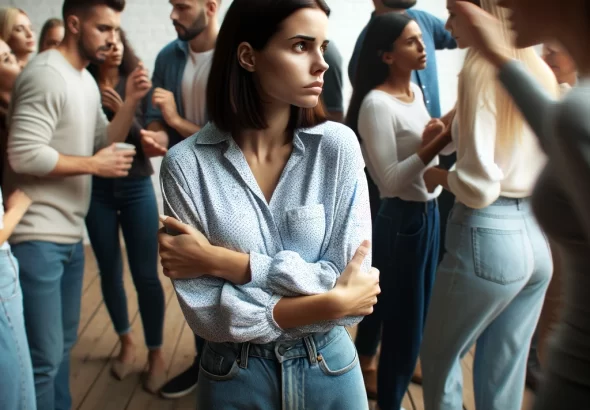 DALL·E 2024 03 05 11.54.15 Create an image of a woman surrounded by a large group of people, but she appears isolated and uncomfortable. Her body language should convey feelings