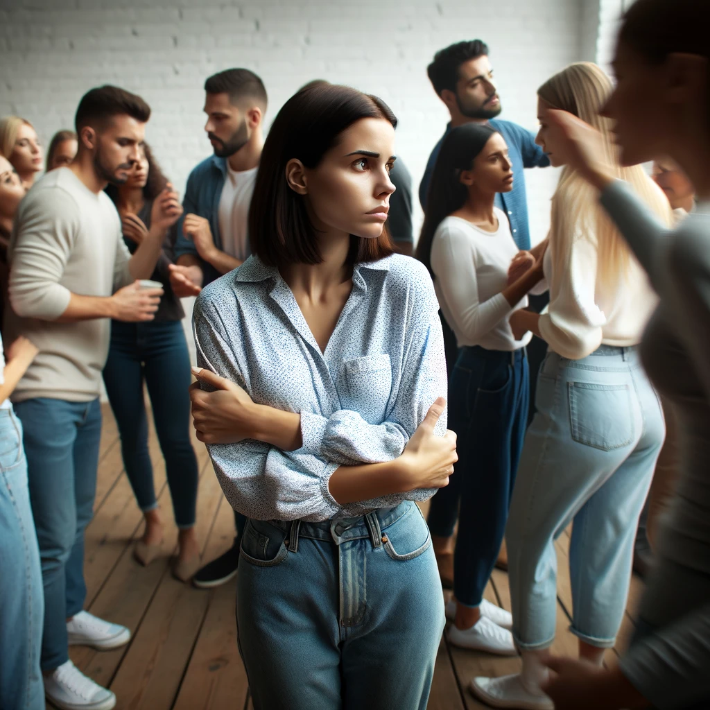 DALL·E 2024 03 05 11.54.15 Create an image of a woman surrounded by a large group of people, but she appears isolated and uncomfortable. Her body language should convey feelings