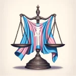 DALL·E 2024 03 08 09.03.27 Create an image of the scales of justice with a transgender pride flag draped over one side, symbolizing the pressure on the Supreme Court to address