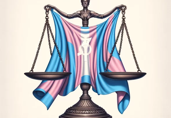 DALL·E 2024 03 08 09.03.27 Create an image of the scales of justice with a transgender pride flag draped over one side, symbolizing the pressure on the Supreme Court to address