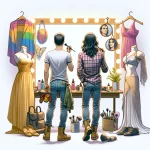 DALL·E 2024 03 09 06.18.34 Create an image of a person standing in front of a mirror. The person is experimenting with various clothing items, makeup, and hairstyles that repres