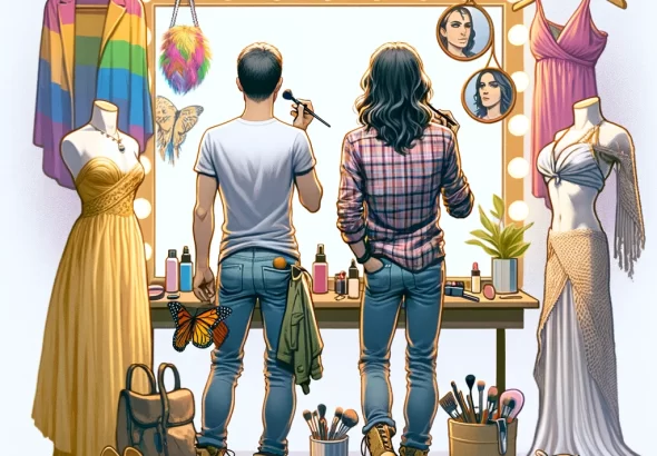 DALL·E 2024 03 09 06.18.34 Create an image of a person standing in front of a mirror. The person is experimenting with various clothing items, makeup, and hairstyles that repres