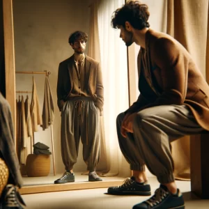 DALL·E 2024 03 17 12.52.51 Create an image of a person looking in the mirror, wearing a mix of traditionally masculine and feminine clothing, with a contemplative expression on