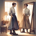 DALL·E 2024 03 18 09.09.46 An illustration of a person standing in front of a mirror, wearing a mix of traditionally masculine and traditionally feminine clothing, with a though
