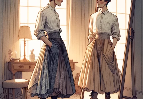 DALL·E 2024 03 18 09.09.46 An illustration of a person standing in front of a mirror, wearing a mix of traditionally masculine and traditionally feminine clothing, with a though