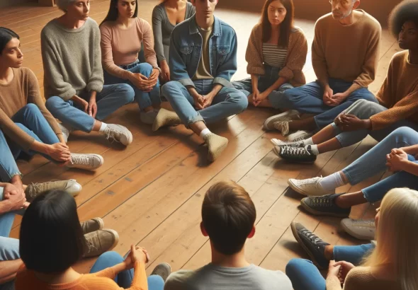 DALL·E 2024 03 18 10.16.47 Create an image of a diverse group of people of different ages, races, and genders sitting in a circle, listening and supporting a transgender individ