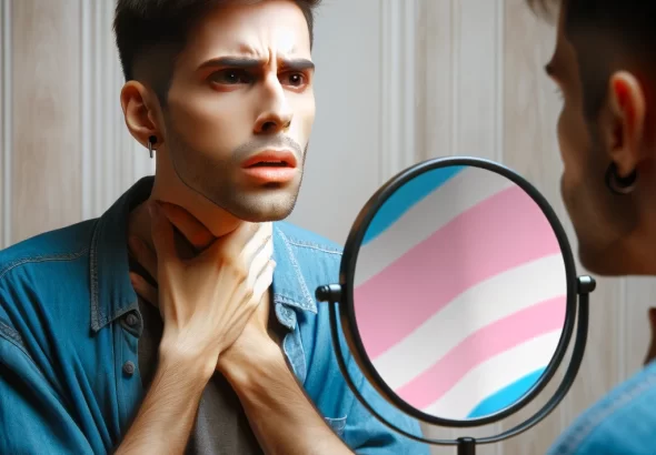 DALL·E 2024 03 21 08.57.04 Create an image of a person sitting in front of a mirror, holding their throat with a pained expression. The mirror reflects their trans identity as t