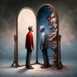 DALL·E 2024 03 23 13.11.04 An image depicting a nuanced and sensitive representation of psychological experiences. A mirror stands at the center, splitting the scene into two ha
