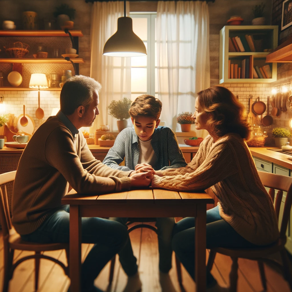 DALL·E 2024 04 05 12.28.02 A warm and cozy kitchen scene featuring a young person sitting at a kitchen table, holding hands with their parents. The family is deeply engaged in a